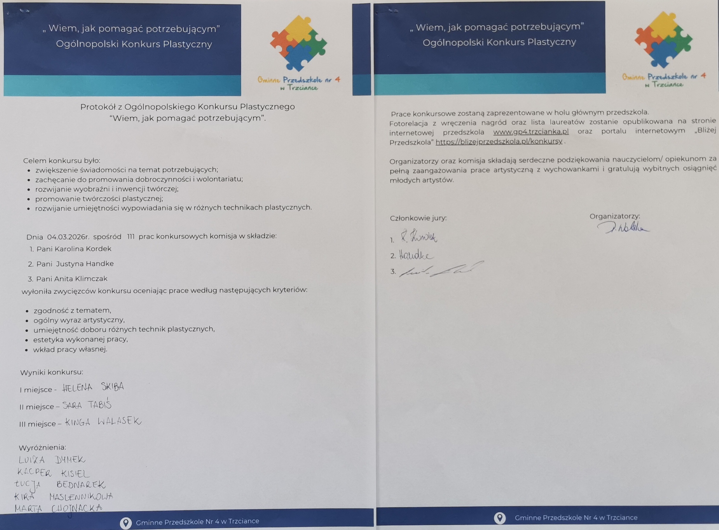 Wyniki Ogólnopolskiego Konkursu Plastycznego „Wiem, jak pomagać potrzebującym”